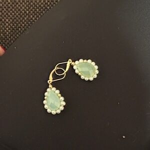 Gold and Green Teardrop Earrings with Pearl Accents
